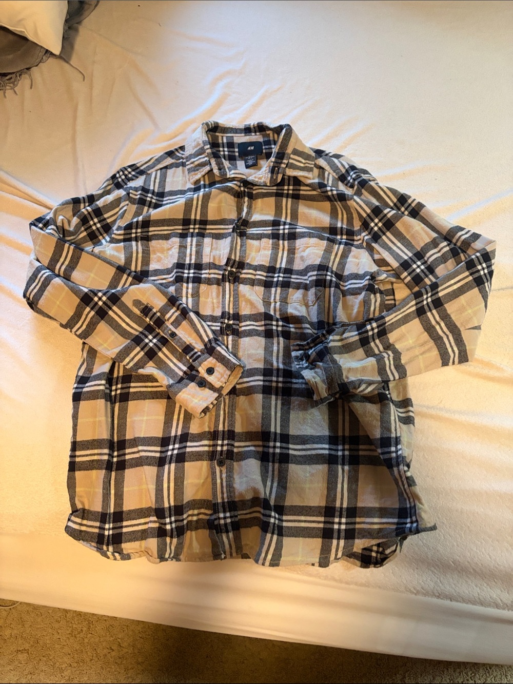 H&M Beige and Black Plaid Button-Down Shirt